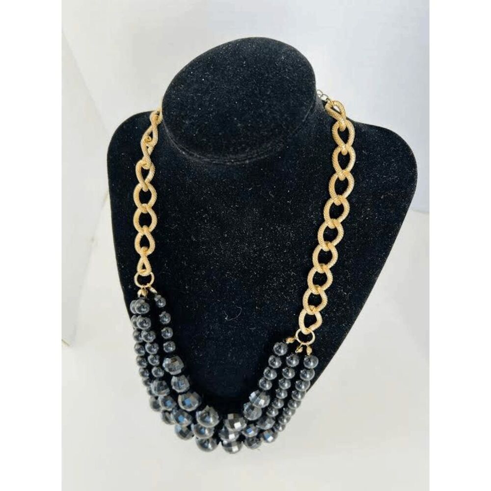 Vintage 80s 3 Strand Gold Tone Chain And Black Beaded Necklace Chunky
